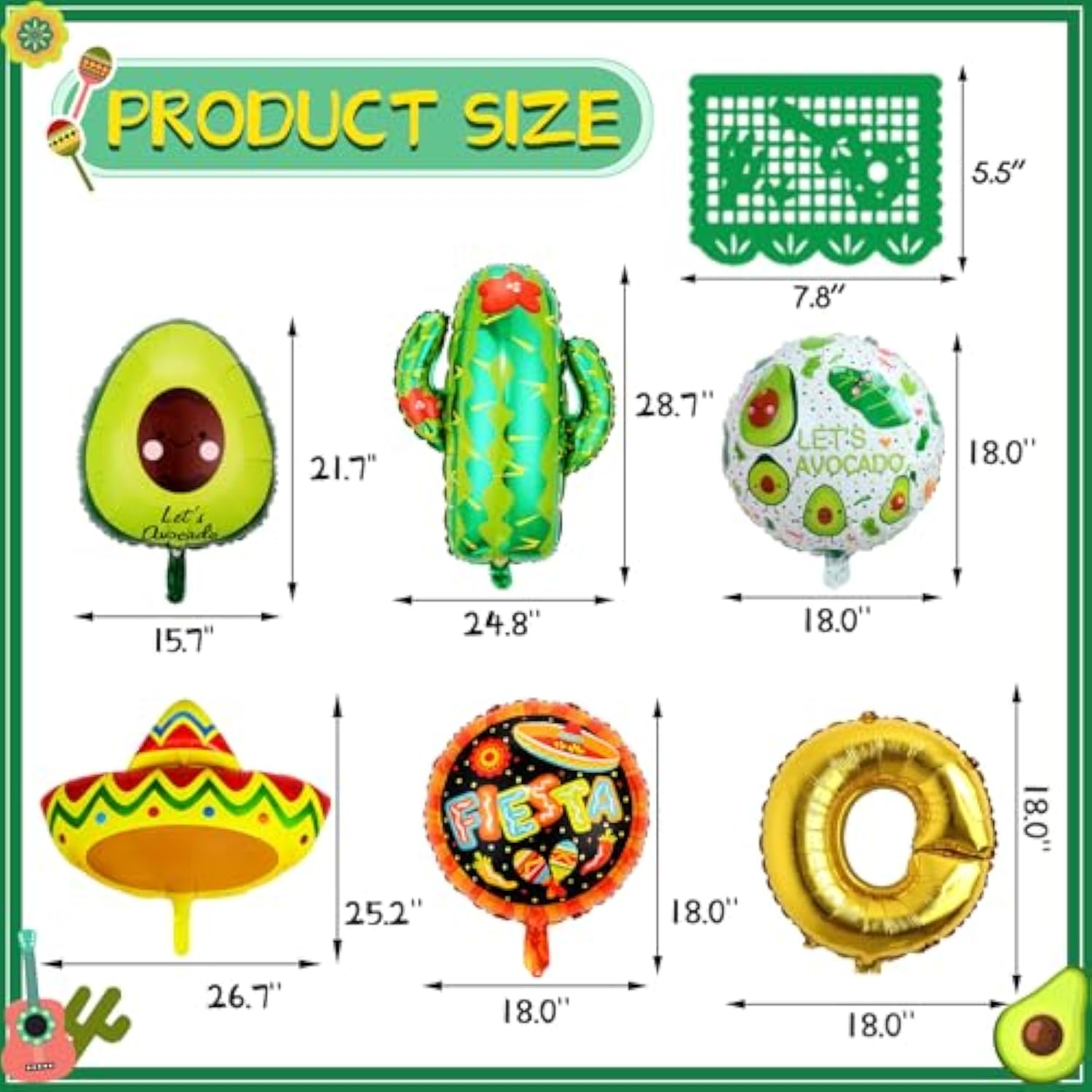 18 Pcs Fiesta Party Supplies - Taco, Mexican, Cactus, Avocado, Hat Jumbo Mylar Foil Balloons - Cinco De Mayo Party Decorations