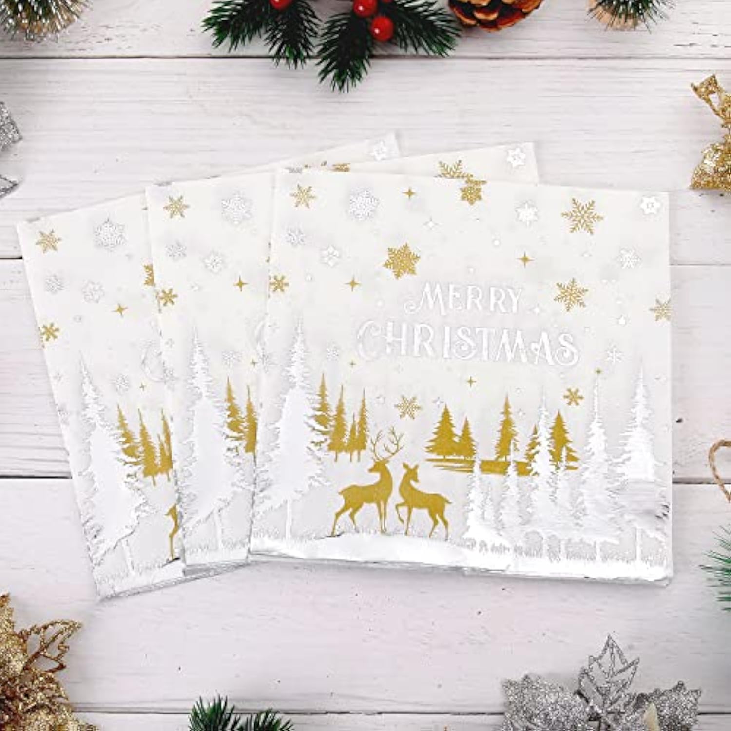 50 Pack Christmas Paper Napkins 6.5'' X 6.5'' Silver Foil Snowflake Disposable Napkins White Beverage Napkins Merry Christmas Elk For Winter Dinner Holiday Lunch Xmas New Year Party Supplies