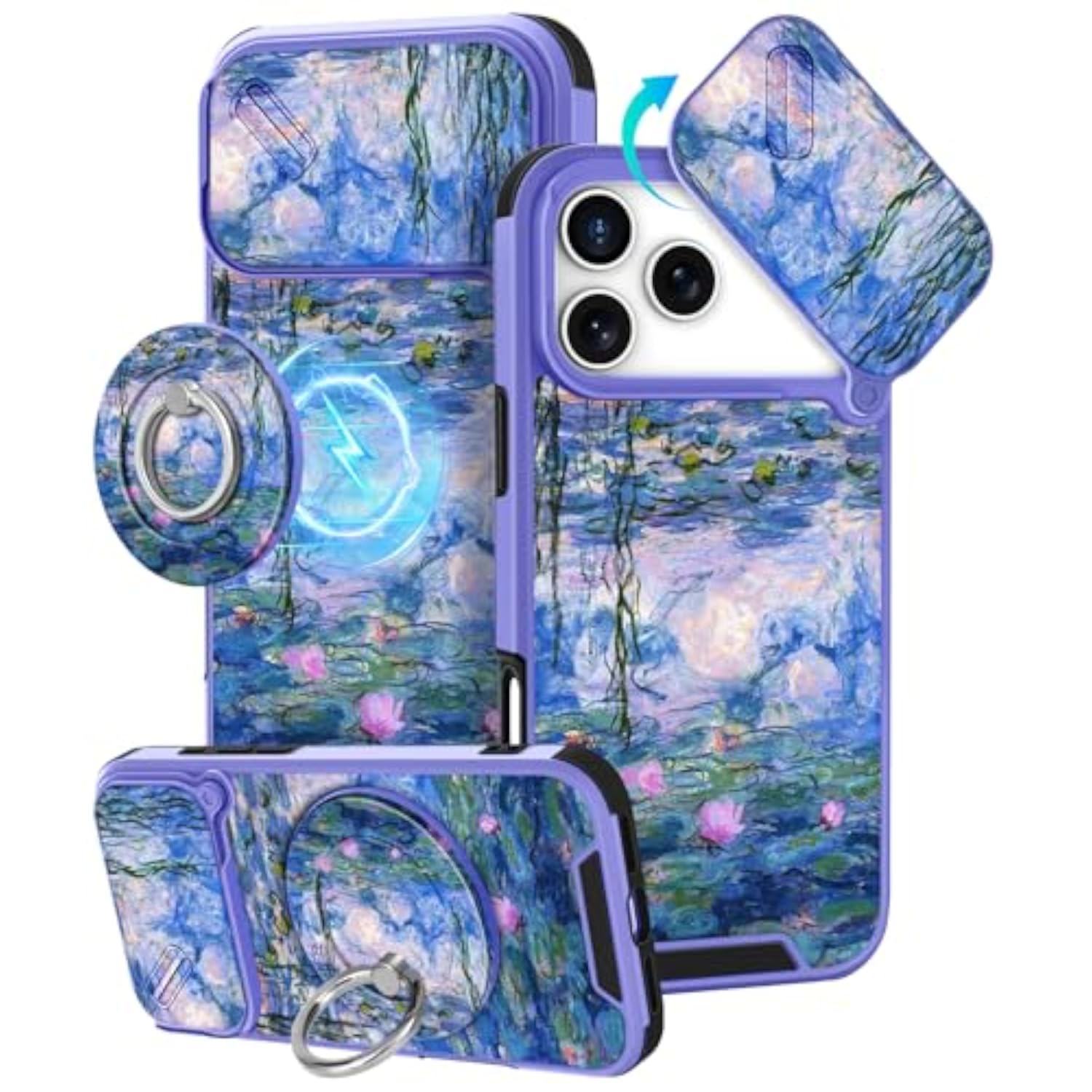 iPhone 17 Pro Max Case 6.9 Inch - Ring Stand & Camera Cover Aesthetic Cute Designed Water Lily Phone Case for Women Girls