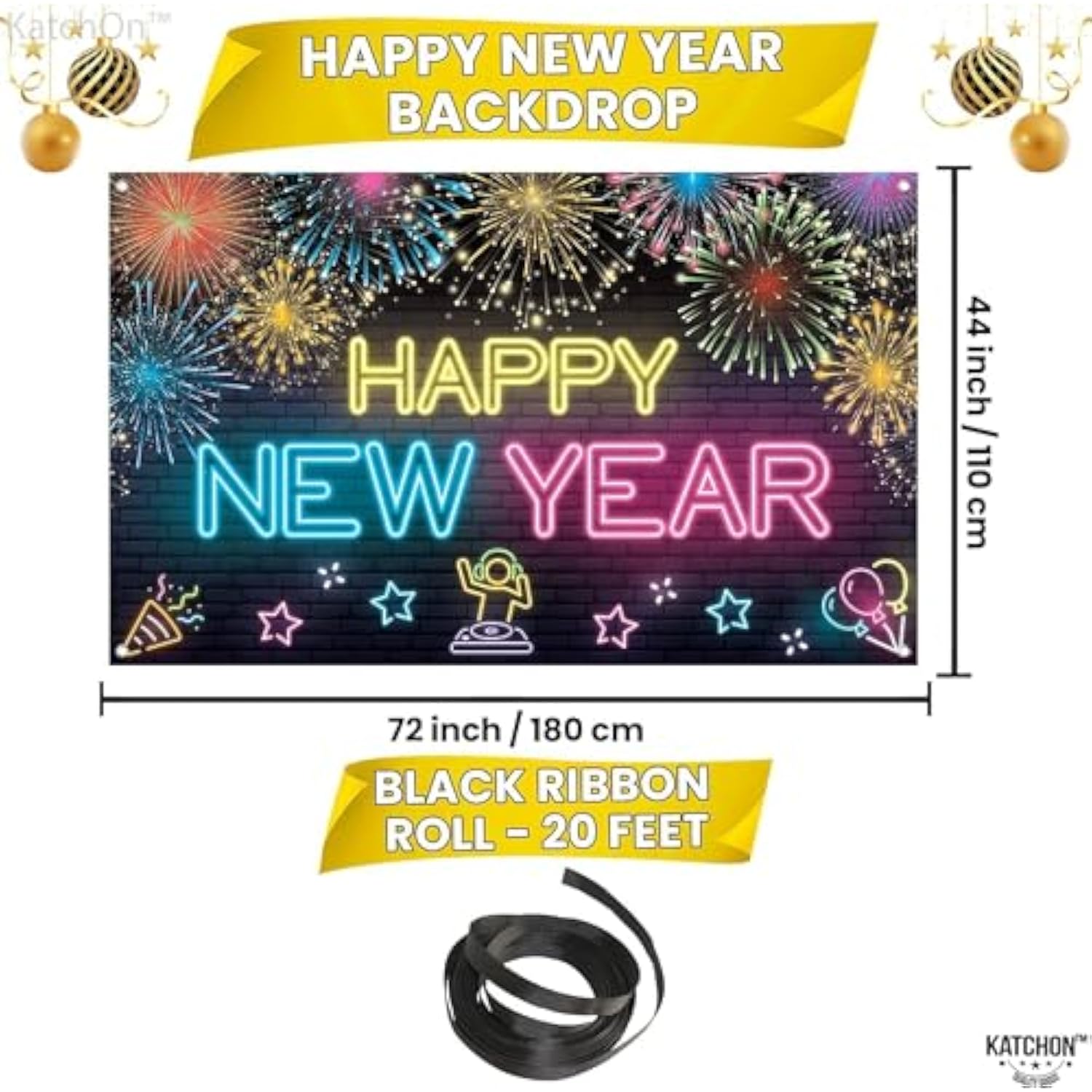 Extra-Large Neon Happy New Year Banner 72x44 Inch Glow Party 2026