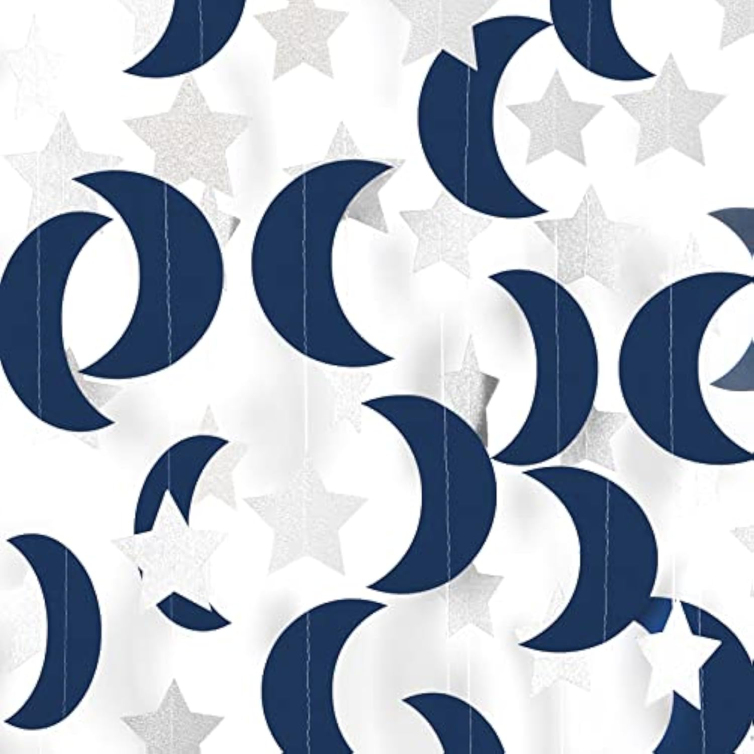 Navy-Blue Silver Moon-Star Party-Decorations Garland - 52Ft Twinkle Little Star Hanging Decoration Streamers Banner, Eid Ramadan Mubarak Decoration Birthday Wedding Baby Shower Party Decor