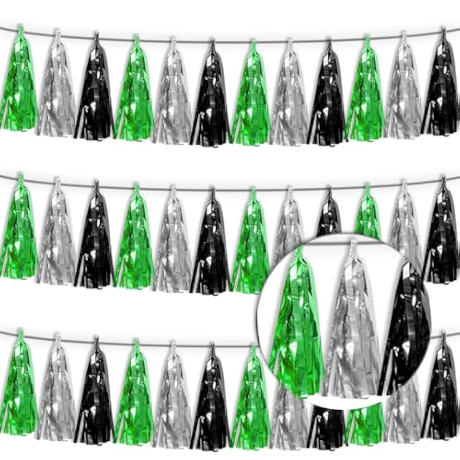 3P Black Silver Green Tassel Banner Garland Metallic Foil Fringe Banner Tinsel Tassels Streamer Banner Backdrop For Parade Floats, Graduation Decorations, Halloween, Christmas Decorations