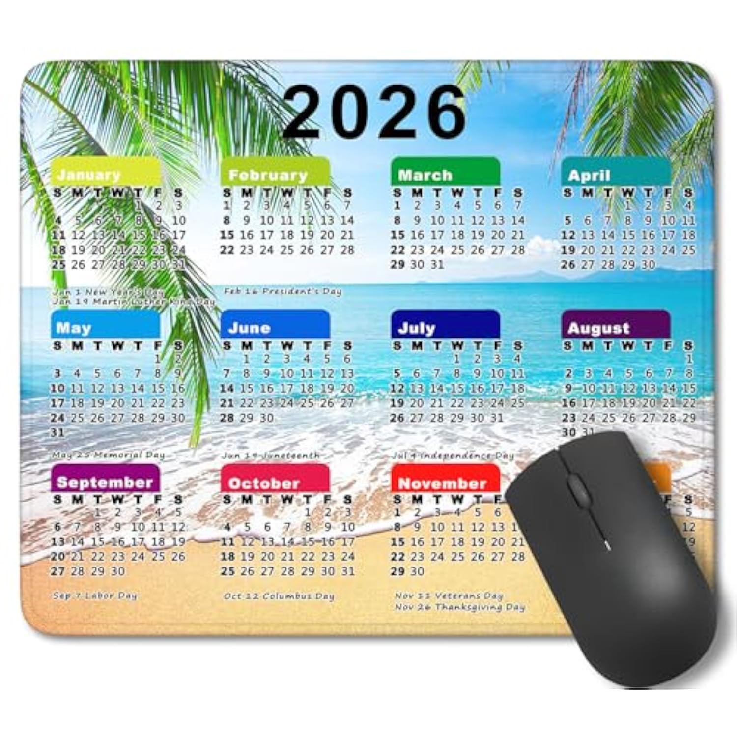 2026 Calendar Mouse Pad With Stitched Edges, Gaming Mousepad For Computer Laptop Mat,New Year Office Accessories (8.7 X 7.1 Inch) - Ocean Beach Palm Tree