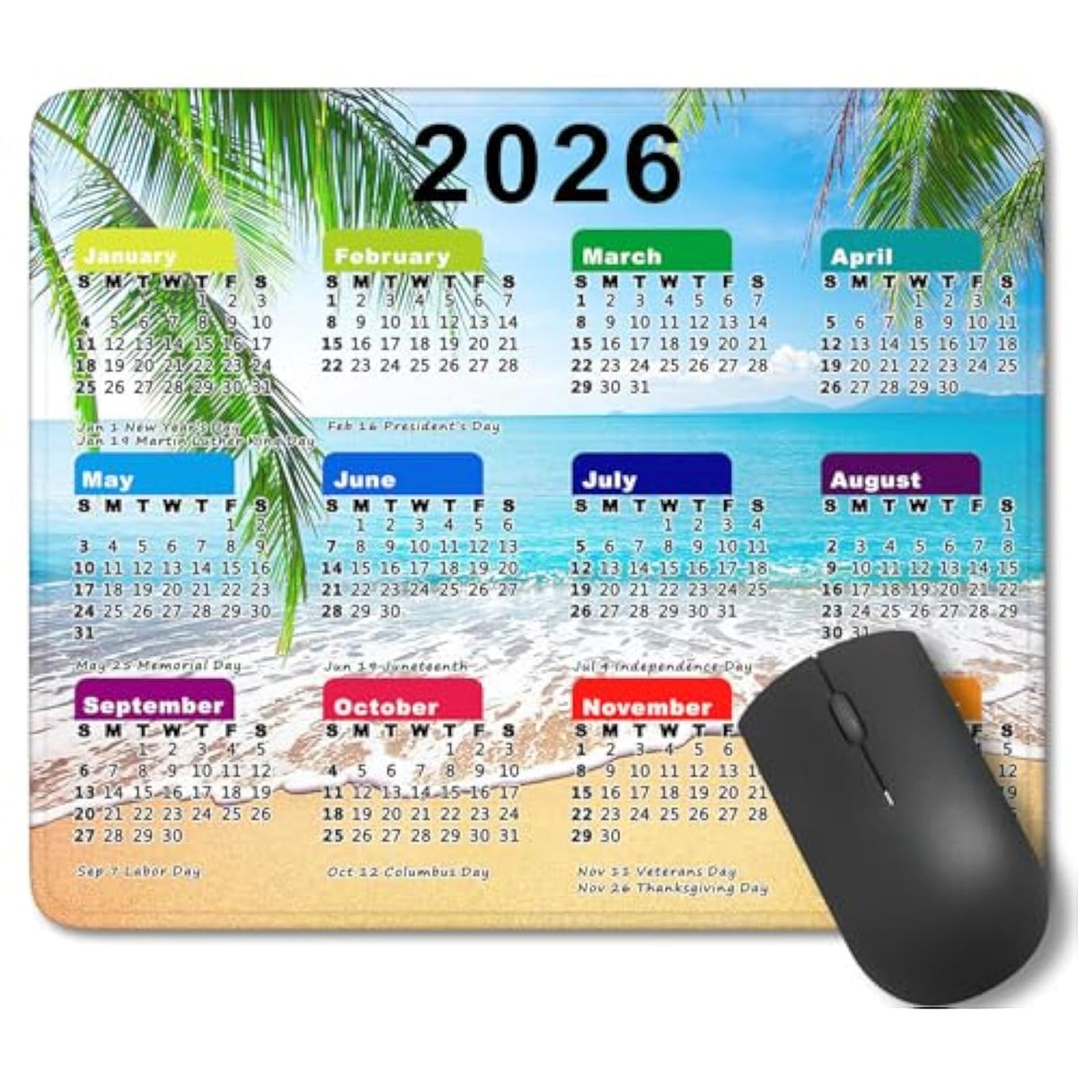 2026 Calendar Mouse Pad With Stitched Edges, Gaming Mousepad For Computer Laptop Mat,New Year Office Accessories (8.7 X 7.1 Inch) - Ocean Beach Palm Tree