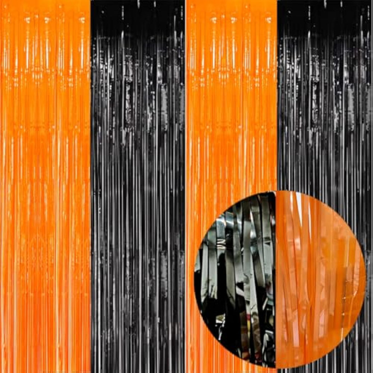 4 Pack Orange Black Foil Fringe Curtains 3.2x8.2ft Backdrop for Party Decorations