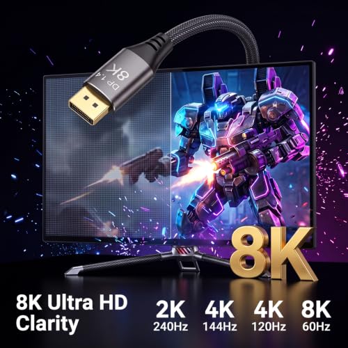 8K DisplayPort Cable 1.4 15ft / 5m, Ultra HD 4K 144Hz, 8K 60Hz, HBR3(7680x4320 Resolution) DP to DP, High Speed 32.4Gbps, Nylon Braided Long