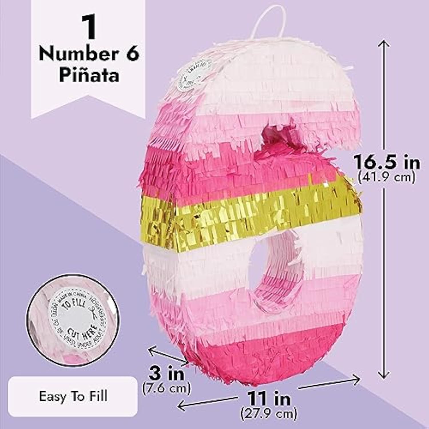 Pink & Gold Number 6 Pinata: 6th Birthday Party Decoration (16.5"x11")