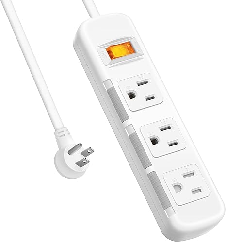 Flat Plug Surge Protector Power Strip 3 Outlets 3FT Extension Cord 300J Overload Protection White