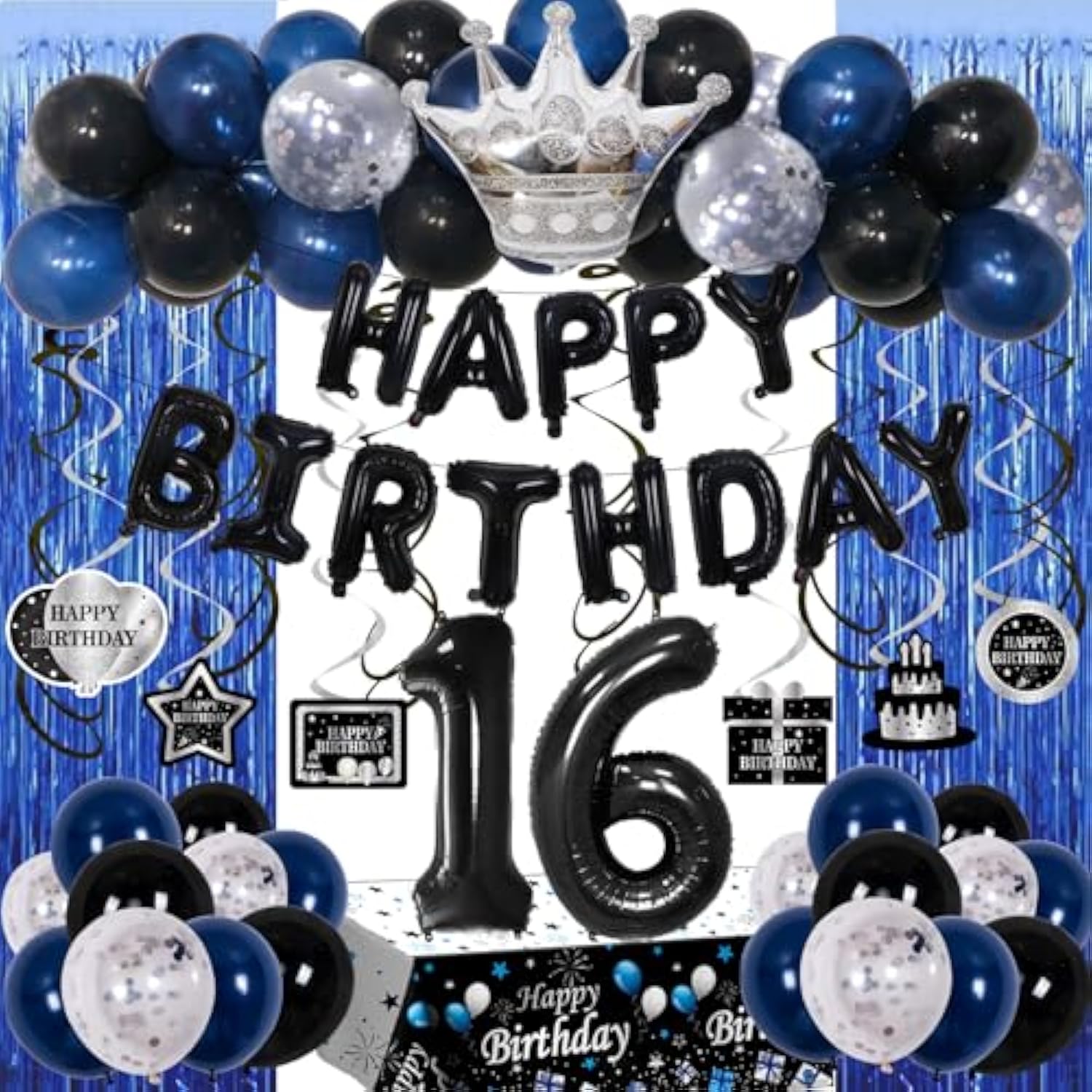 16Th Birthday Decorations For Boys Girls, Happy 16Th Birthday Boy Decorations Blue Black 16 Year Old Bday Party Balloons Supplies Tablecloth, Fringe Curtains, Hanging Swirls Decor For 16 Birthday