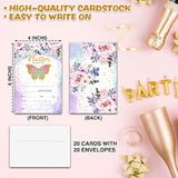 Floral Butterfly Birthday Invitations, Double-Sided Fill In Invitations, Party Favors Decorations Supplies - 20 Cards With 20 Envelopes