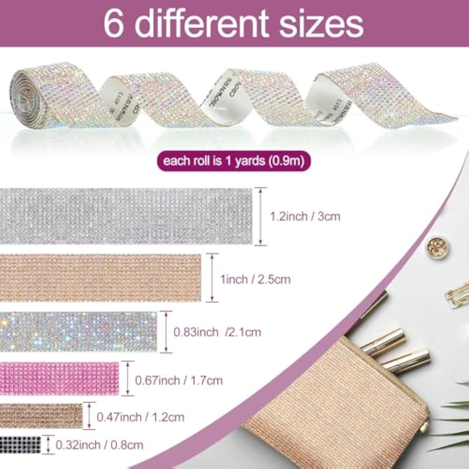 6 Rolls Self Adhesive Crystal Rhinestone Ribbon Diamond Bling Ribbons