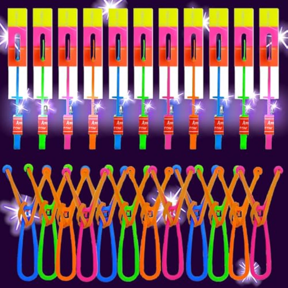 25 Sets Led Flying Set, Flying Rocket Copters Outdoor Game Toys Glow In The Dark Party Supplies Party Favors For Kids 8-12,4-8, 25 Slingshot+25 Glow Helicopter