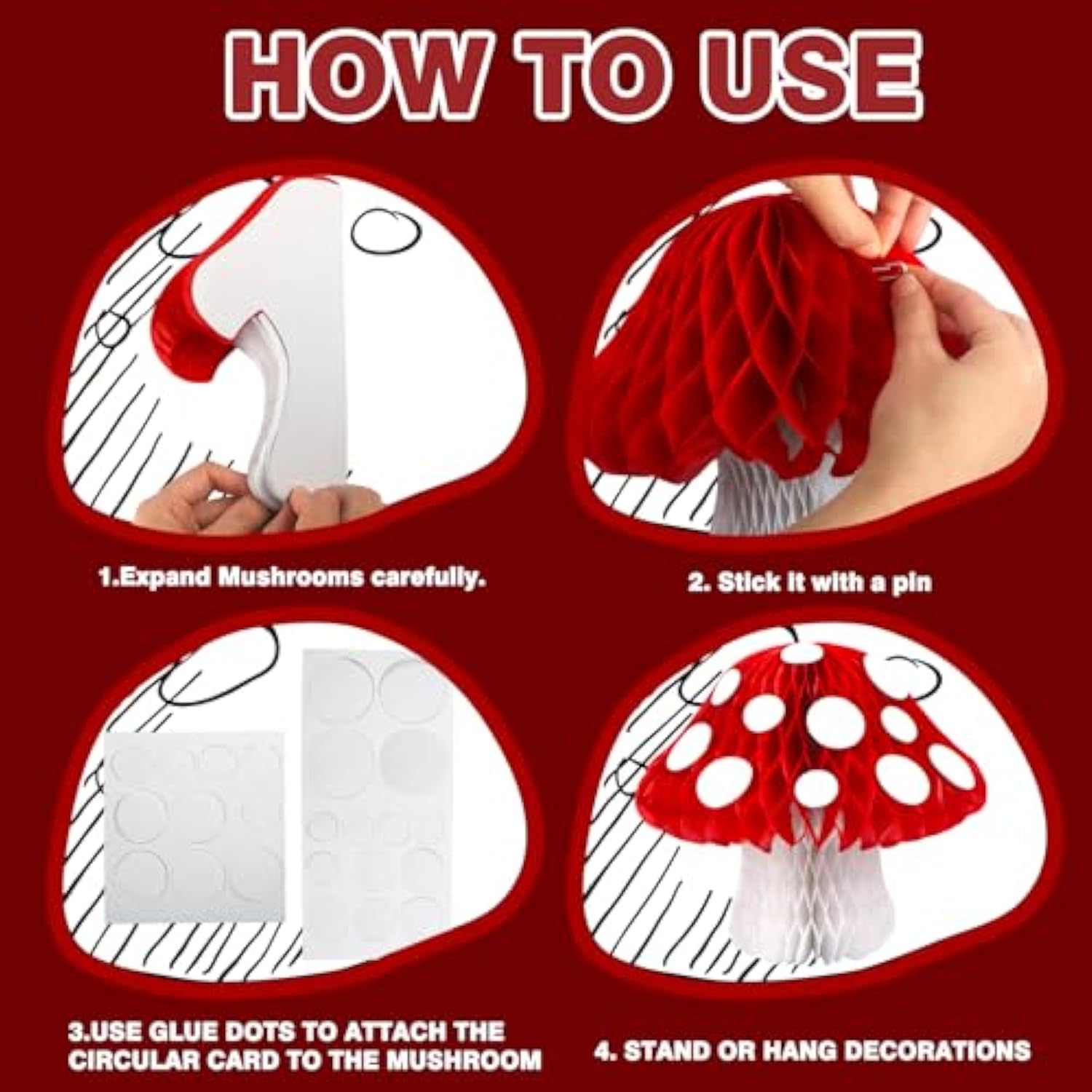 8Pcs Mushroom Honeycomb Decor Mushroom Shaped Tissue Paper Pom Decorations For Jungle Wonderland Themed Birthday Party 3D Mushroom Honeycomb Centerpiece For Fairy Baby Shower Garden Decoration