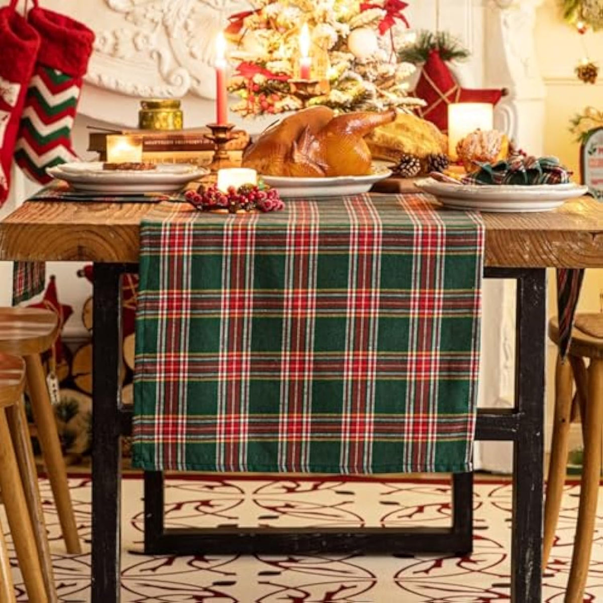 Green Red Plaid Christmas Table Runner, Winter Holiday Table Runners 72 Inches Long, Xmas Decorations Indoor Outdoor Farmhouse Home Kitchen Dining Party Decor