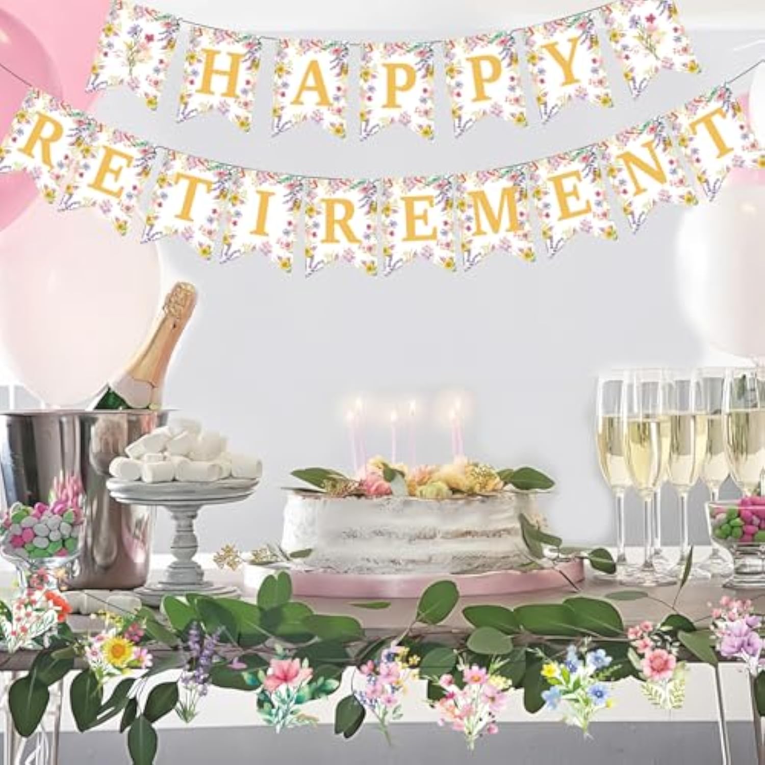 Wildflower Retirement Decor for Women with Gold Banner & Floral Swirls