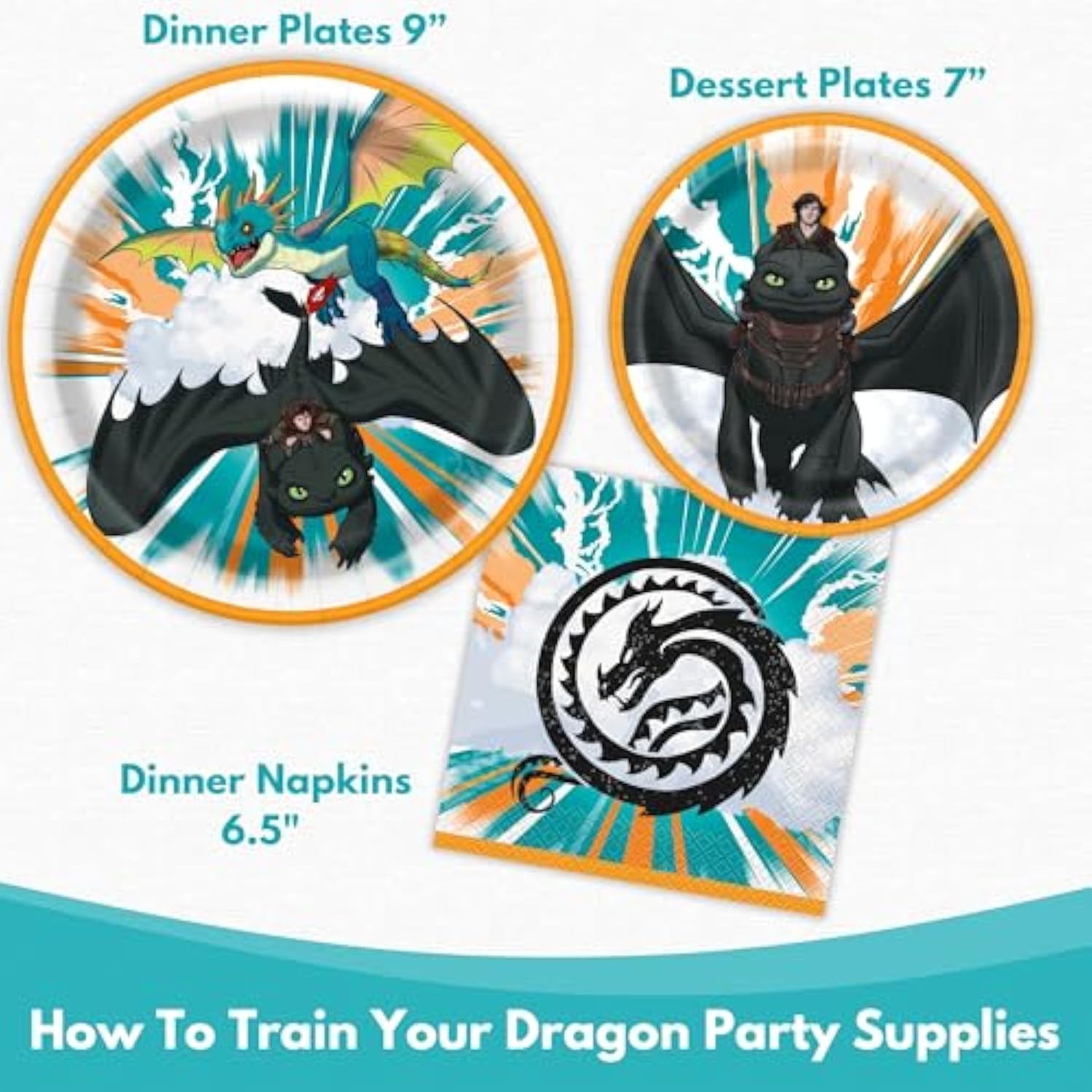 Unique How To Train Your Dragon Plates and Napkins - How To Train Your Dragon Party Supplies - 8 Dinner and Dessert Plates, 16 Napkins - Birthday Decorations for 8 Guests
