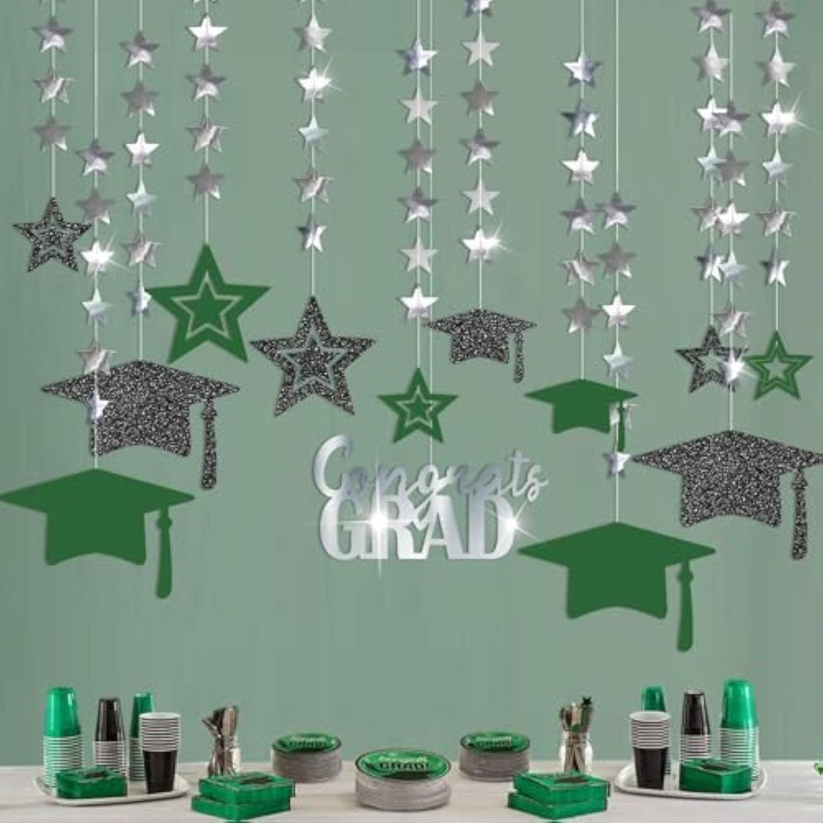 2025 Graduation Banner Party Decorations Green Graduation Cap Garland Kit Congrats Grad Supply For Prom Backdrop Decoration Ceiling Decor High School College Kindergarten Home Celebrations