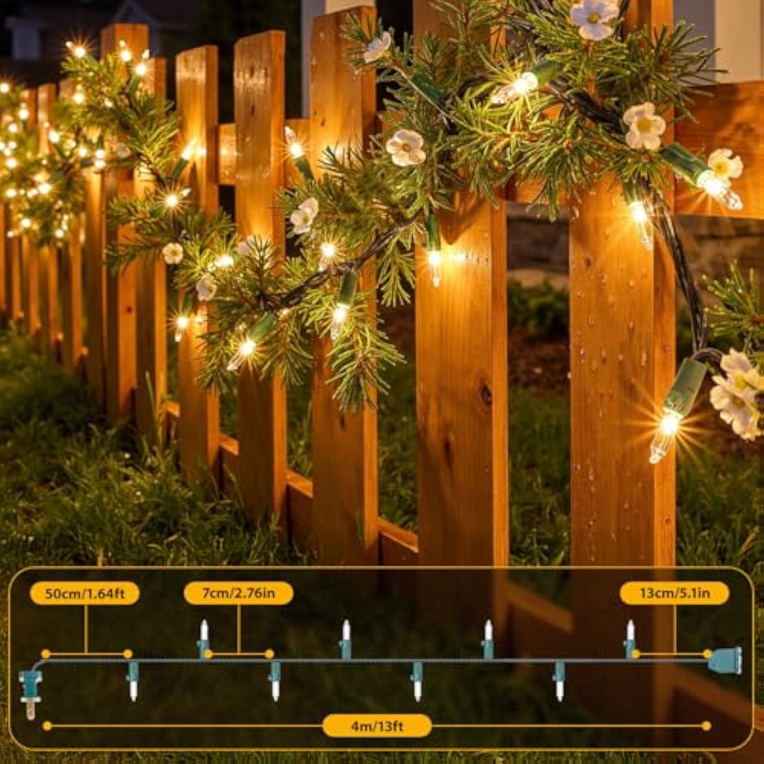 50-Count White Christmas Lights With Green Wire, 13Ft Incandescent Bulbs Mini String Lights Connectable For Indoor, Chri