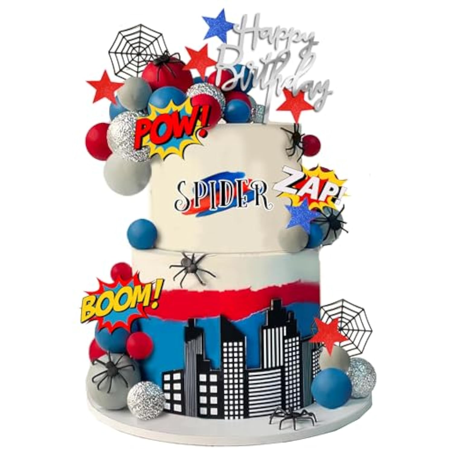 Spider Cake Topper With Spiders Webs Balls Stars Building Happy Birthday Cake Decorations For Boys Men Birthday Party Baby Shower Supplies