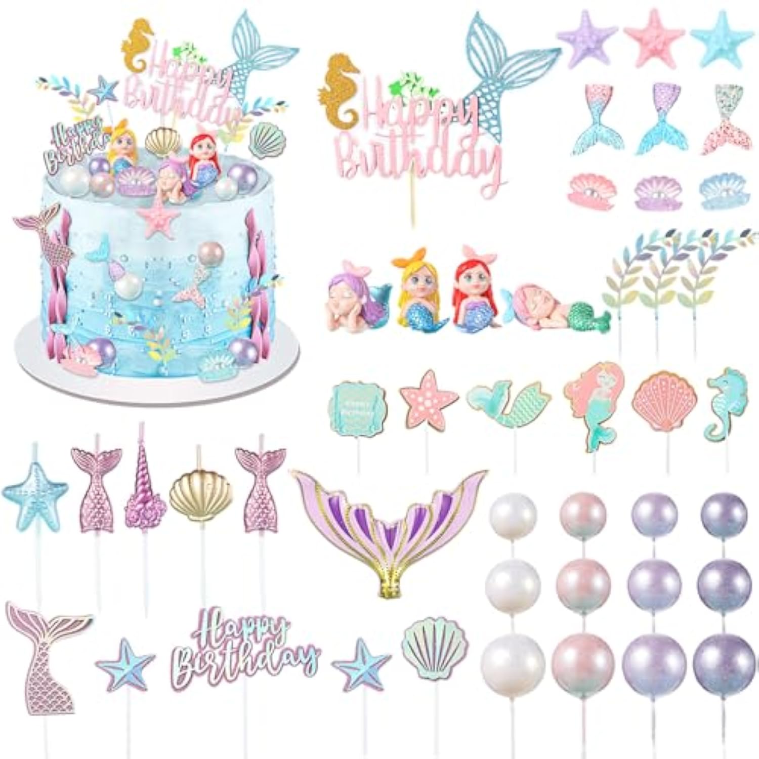 42 Pcs Mermaid Cake Topper Under The Sea Cake Toppers Birthday Decorations Starfish Shell Mermaid Tail Seaweed Leaves Cupcake Candle For Birthday Baby Shower Party