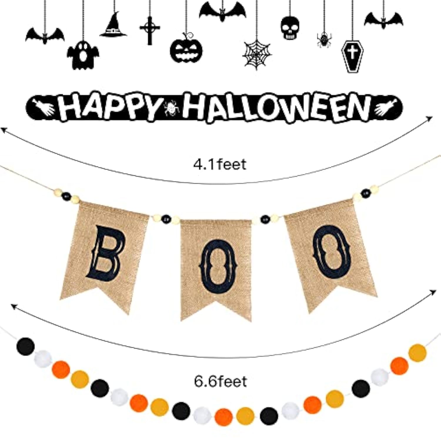 2Pcs Pre Strung Happy Halloween Banners Rustic Burlap Boo Felt Pom Pom Garland Decor