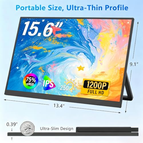 15.3-Inch Portable Monitor With A Full Hd 1200P Ips Display, Featuring Usb-C And Mini Hdmi Ports; Ideal As A Second Screen For Laptops, Desktops, Macs, Mobile Phones, Xbox And Ps5Built-In Speakers
