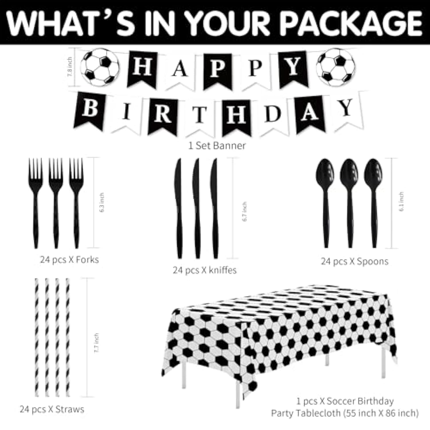 Soccer Birthday Party Supplies, Sports Theme Soccer Party Decorations Tableware, Paper Plates, Cups, Napkins, Happy Birthday Banner, Tablecloth, Cutlery, Serves 24