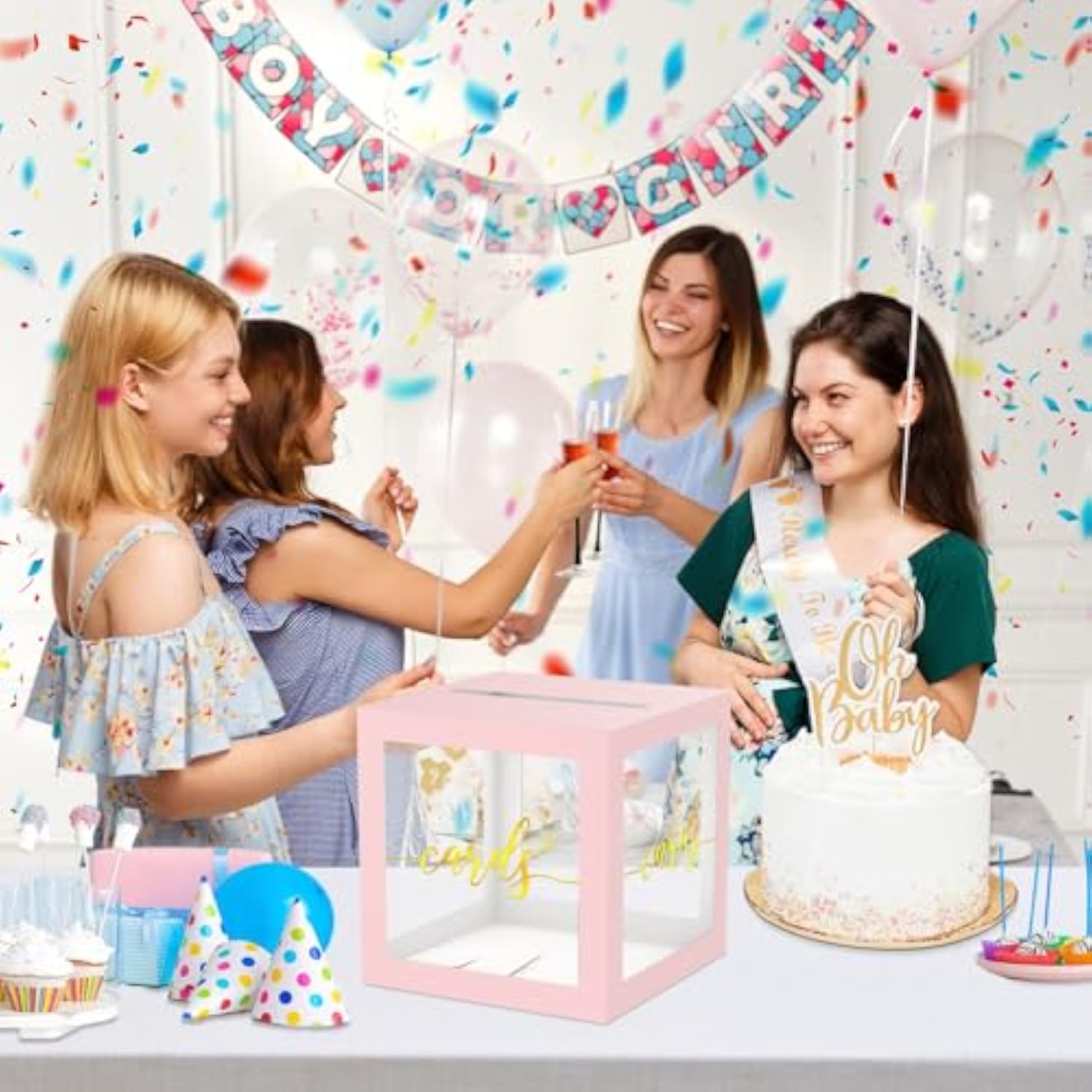 Clear Card Box For Party, 8.7" Gold Foil Gift Cards Receiving Box Holder For Wedding, Bridal Shower, Graduation, Birthday, Retirement, Baby Shower, Anniversaries Party Decorations (Pink)