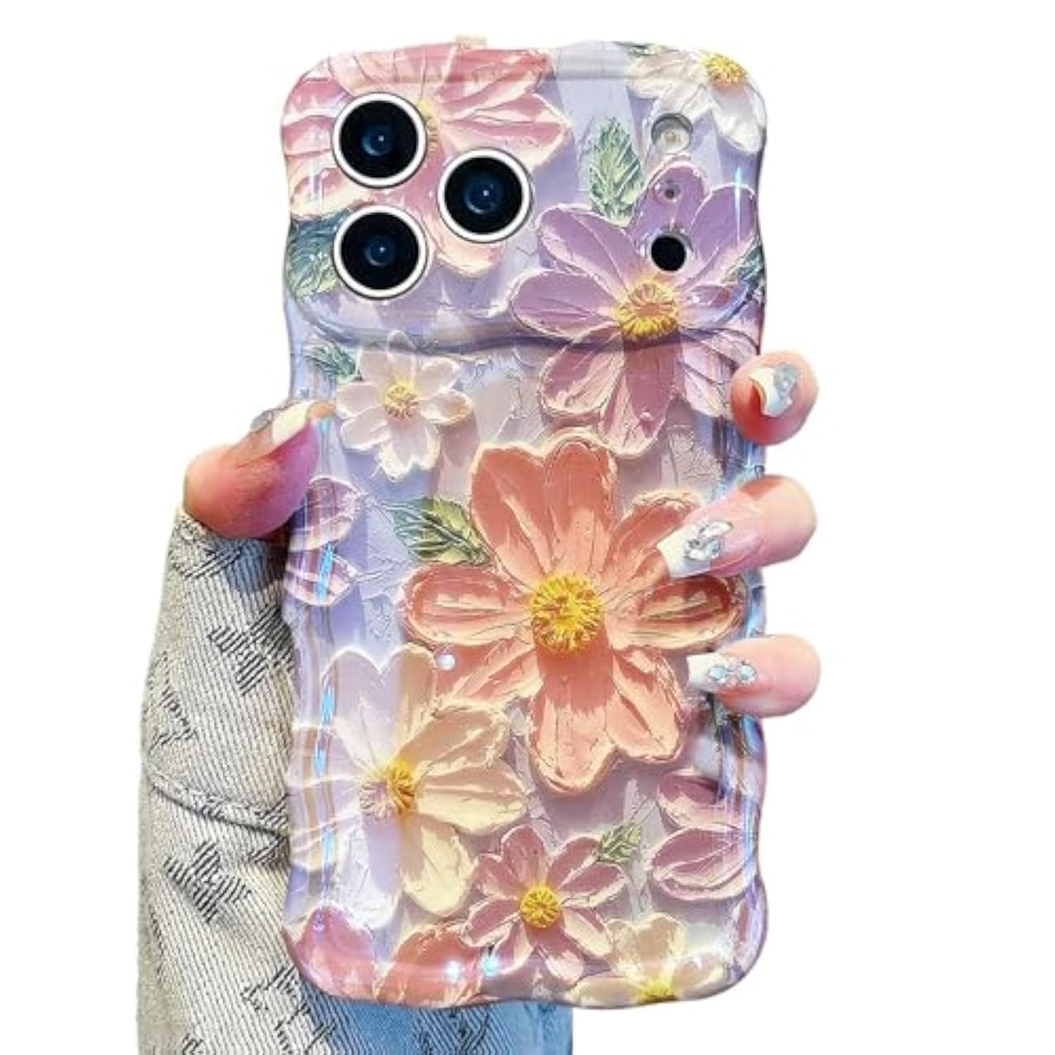 Colorful Retro Oil Painting Girly Phone Case for iPhone 17 Pro Max, Pretty Glossy Pattern Wave Cover, Cute Sparkly Floral Curly Shell for Women and Girls, Pink Purple