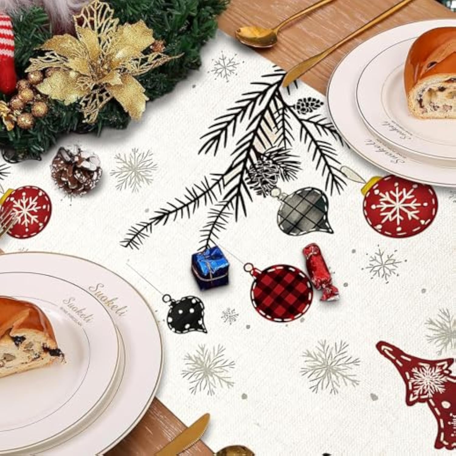 Red Pine Trees Merry Christmas Table Runner, Snowflake Table Runner, Seasonal Winter Decoration For Home Kitchen Dining Holiday Decor 13X72 Inch