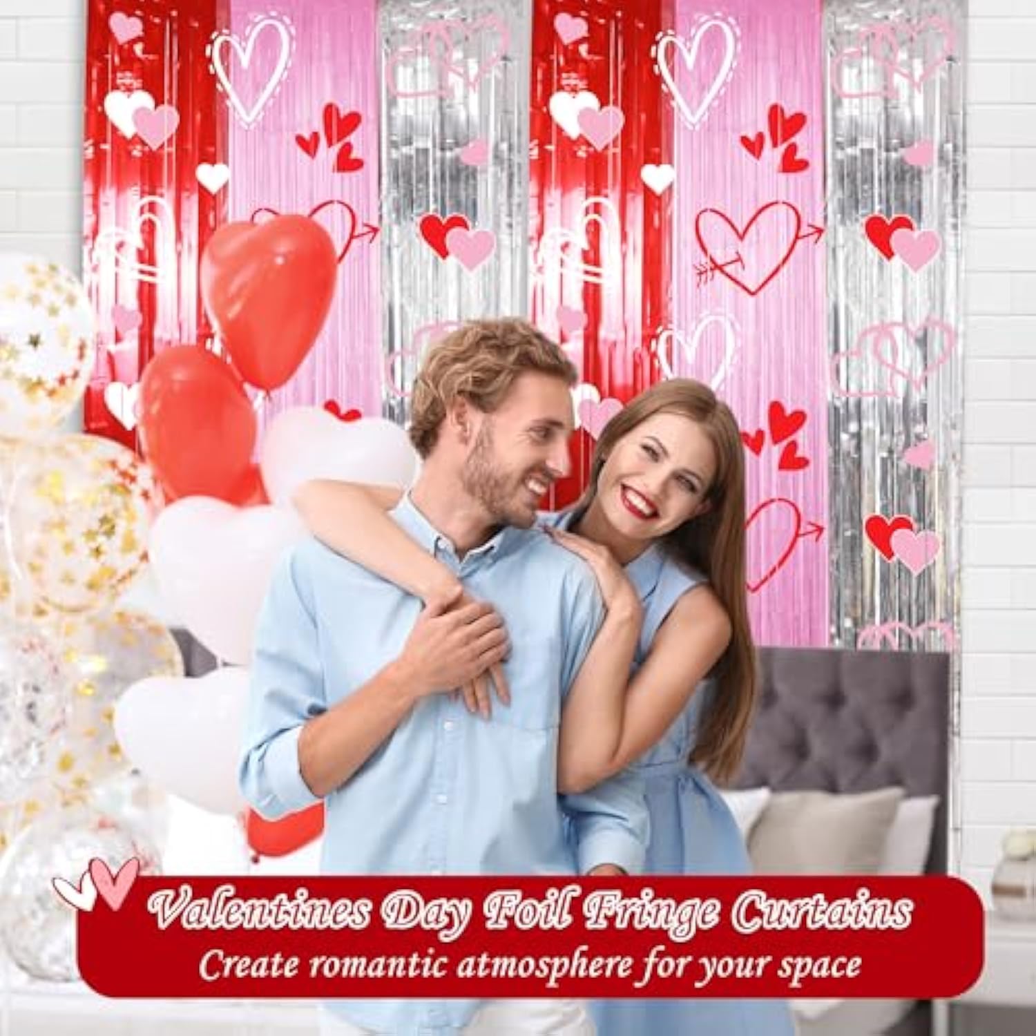 Foil Fringe Curtains Backdrop Valentines Party Decorations, 2 Pack 3.3 X 6.6 Ft Red Pink Silver Tinsel Valentines Day Backdrop, Valentine Photo Backdrops Galentines Day Decor Wedding Party Decor