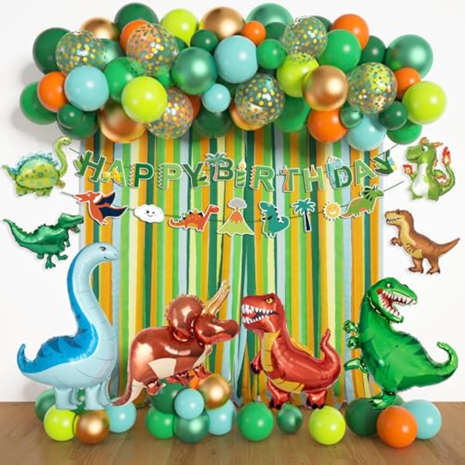 Dinosaur Birthday Party Decorations Supplies Happy Birthday Banner Crepe Paper Green Orange Blue Gold Dino Foil Balloons Garland Arch Kit For Jungle Safari Dinosaur Themed Baby Shower Party Boys Kids