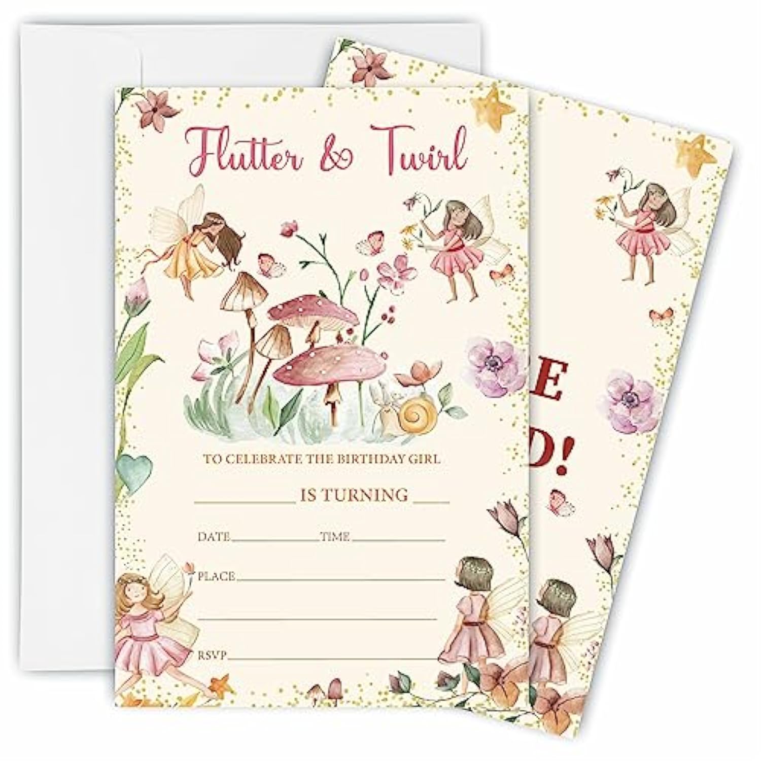 Fairy Theme Birthday Invitations, Flutter & Twirl Birthday Party Invite Cards For Boys & Girls - 20 Double Side Fill-In Invites With Envelopes, Party Favor & Decorations - A19