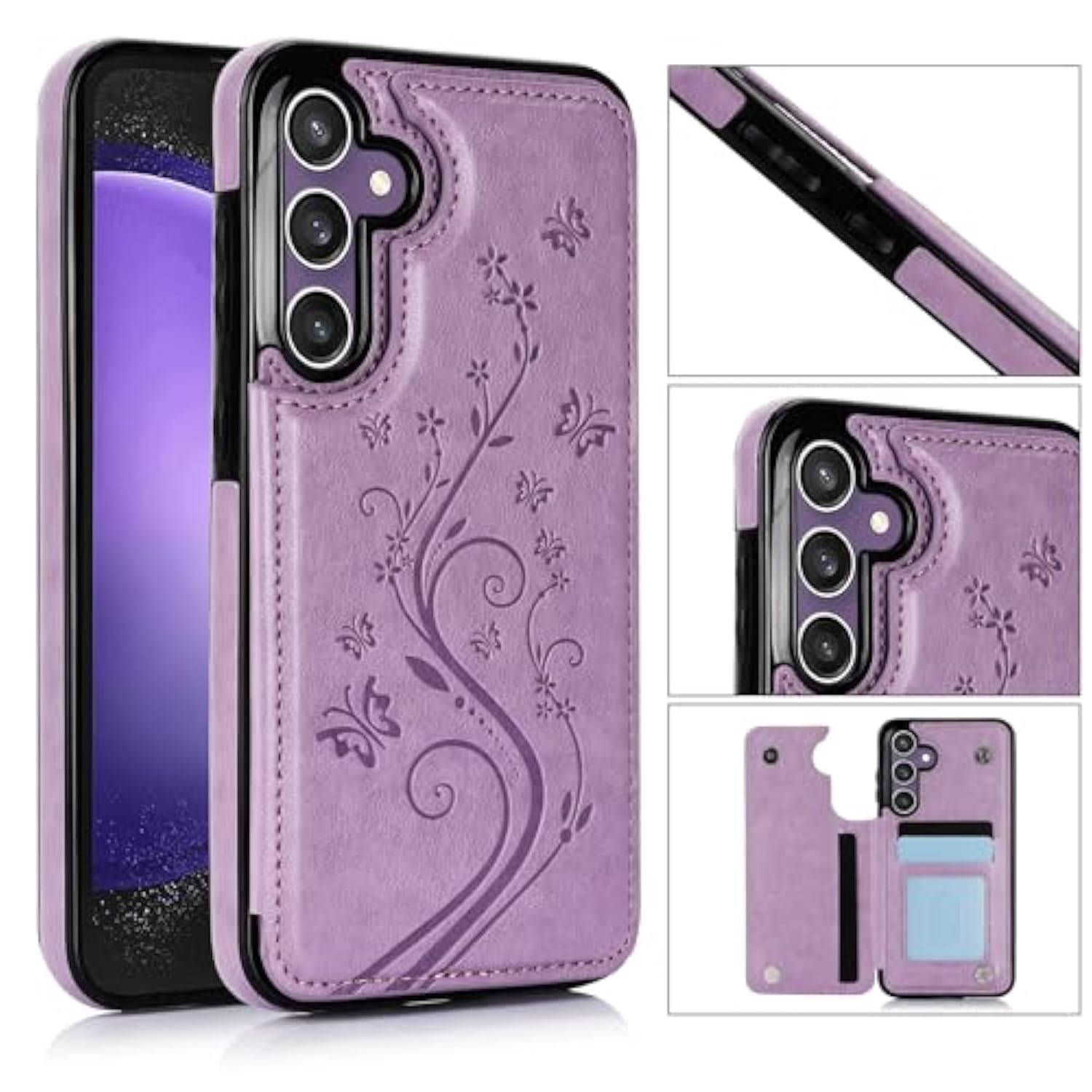 Phone Case For Samsung Galaxy S23 Fe 5G With Tempered Glass Screen Protector And Card Holder Wallet Cover Stand Flip Leather Cell Accessories S 23 Fe S23Fe5G S23Fe 23S G5 Women Purple