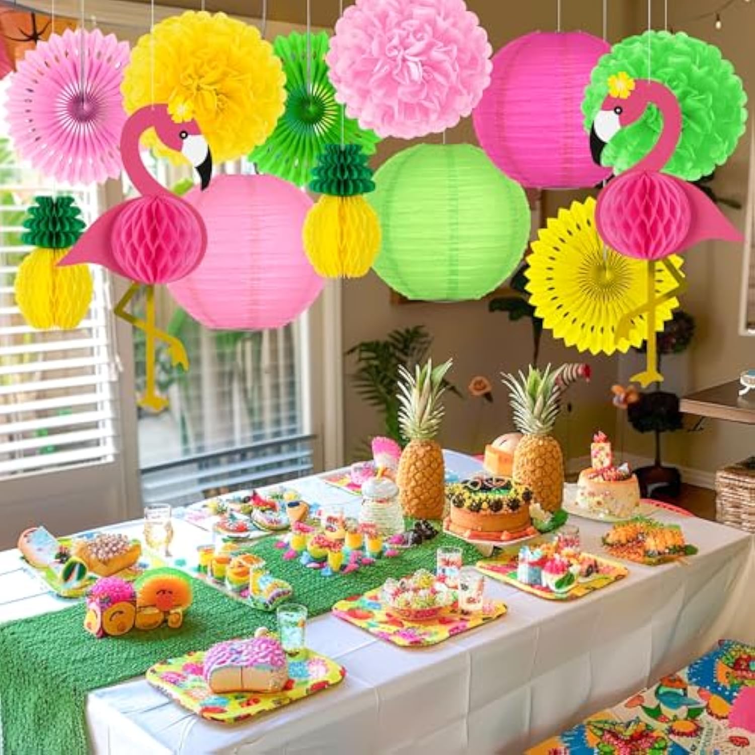 13Pcs Hawaiian Party Decorations, Luau Party Decorations, Flamingo And Pineapple Honeycomb Paper Flowers Fans And Ball Lanterns For Summer Tropical Beach Party Decorations Supplies Favors
