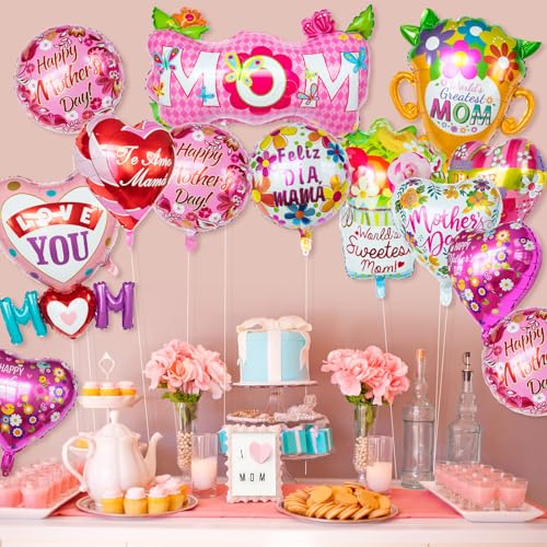 24 Pcs Mothers Day Balloons, Happy Mother's Day Mylar Balloon, Feliz Dia Mama Foil Balloons for Best Mom Ever Mom Party Birthday Decorations Supplies