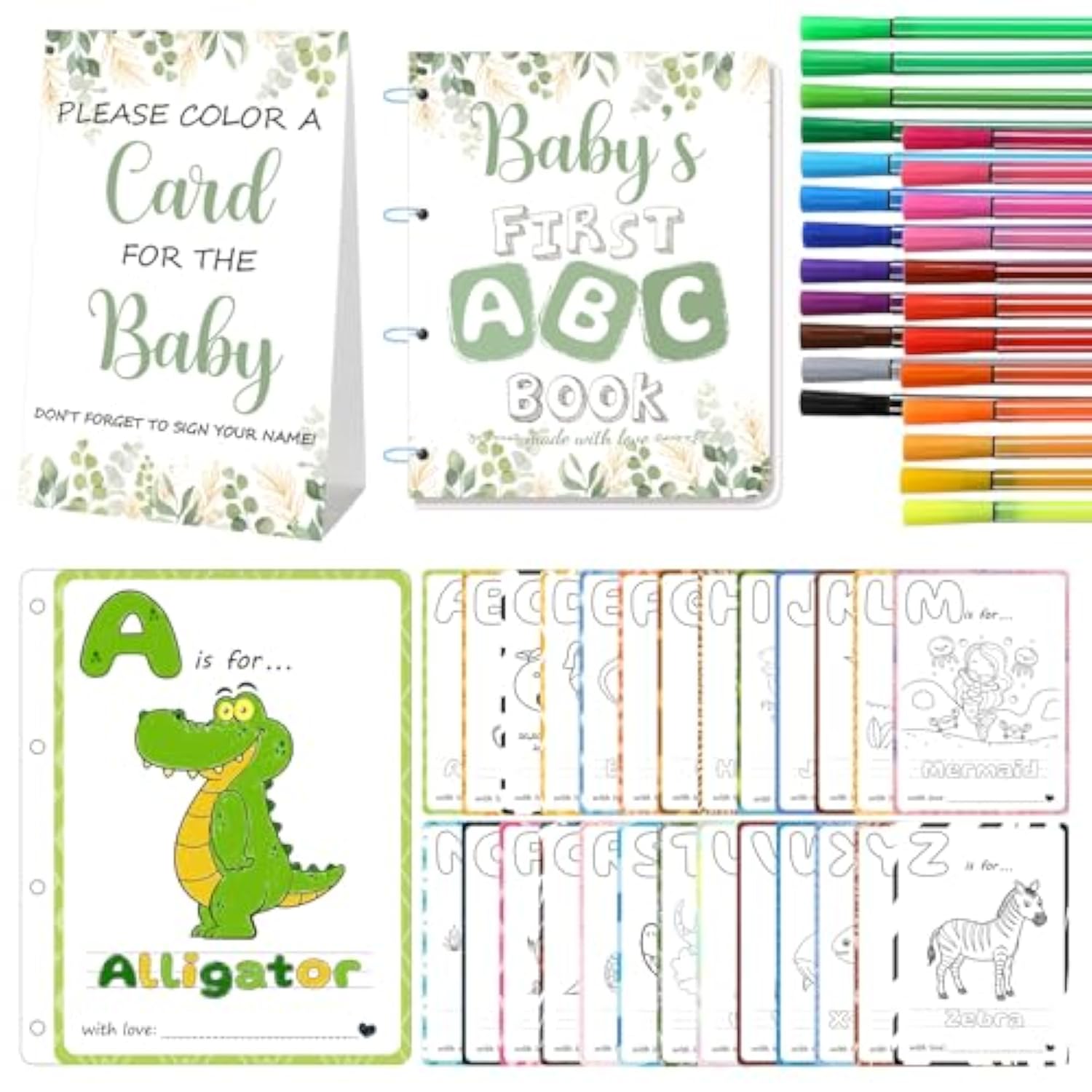 Baby'S First Abc Book & Baby Shower Game – A To Z Coloring Cards With 24 Watercolor Pens, Fun Interactive Activity For Guests, Unique Keepsake Alternative To Guest Book (Sage Theme)