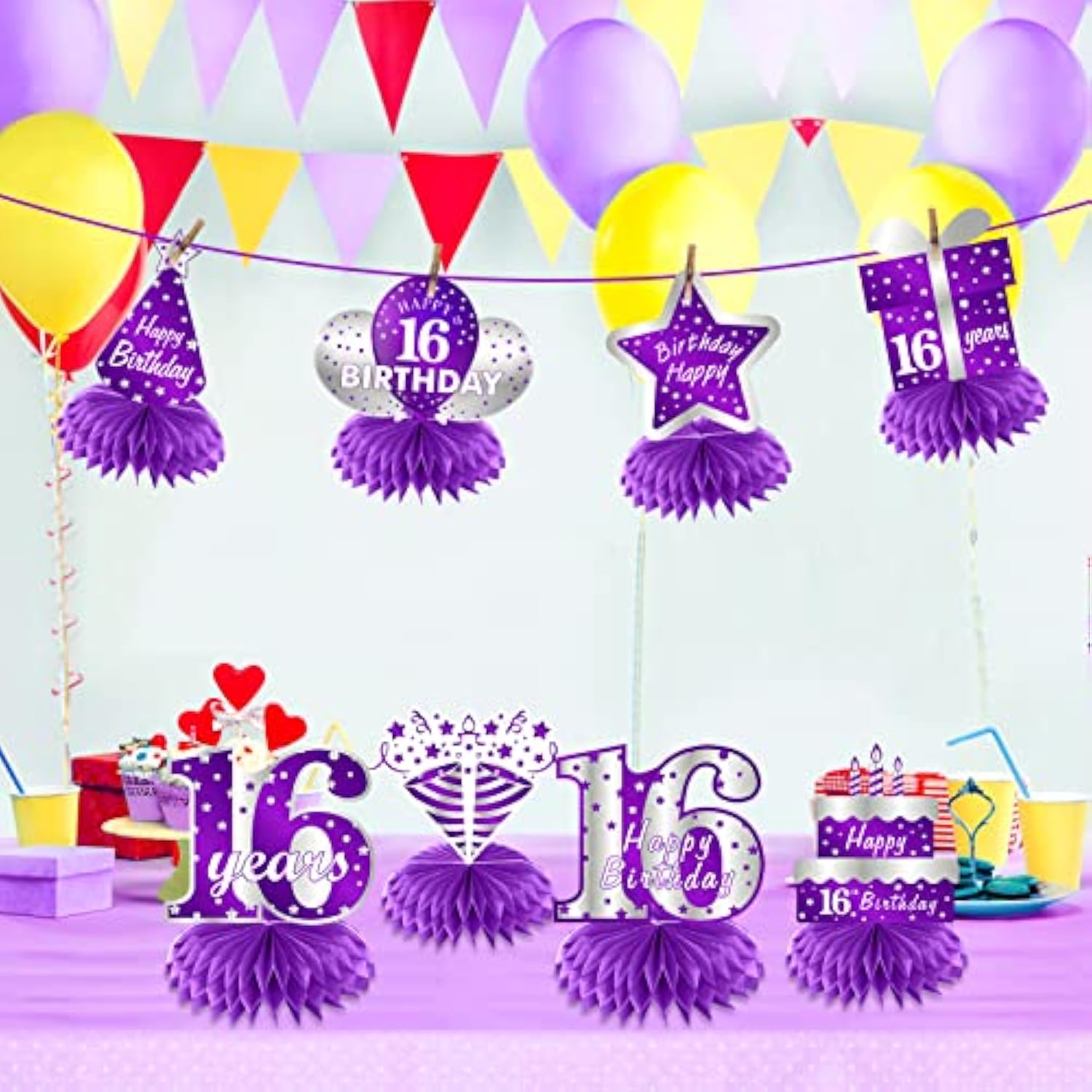 Purple Silver Sweet 16Th Birthday Table Centerpiece Decorations For Gi