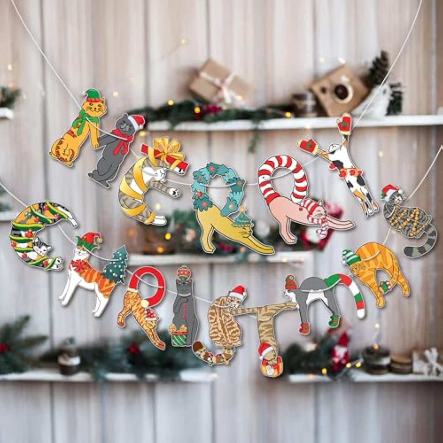 Cats Merry Christmas Garland - Festive Cat-Themed Christmas Decoration For Cat Lovers - Funny Cats Christmas Party Banner Decoration