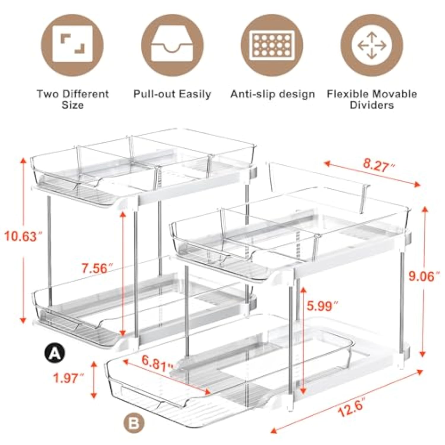 2 Sets Of 2-Tier Multi-Purpose Bathroom Under Sink Organizers And Storage, Stackable Kitchen Pantry Organization, Pull Out Medicine Cabinet Organizer With 8 Movable Dividers