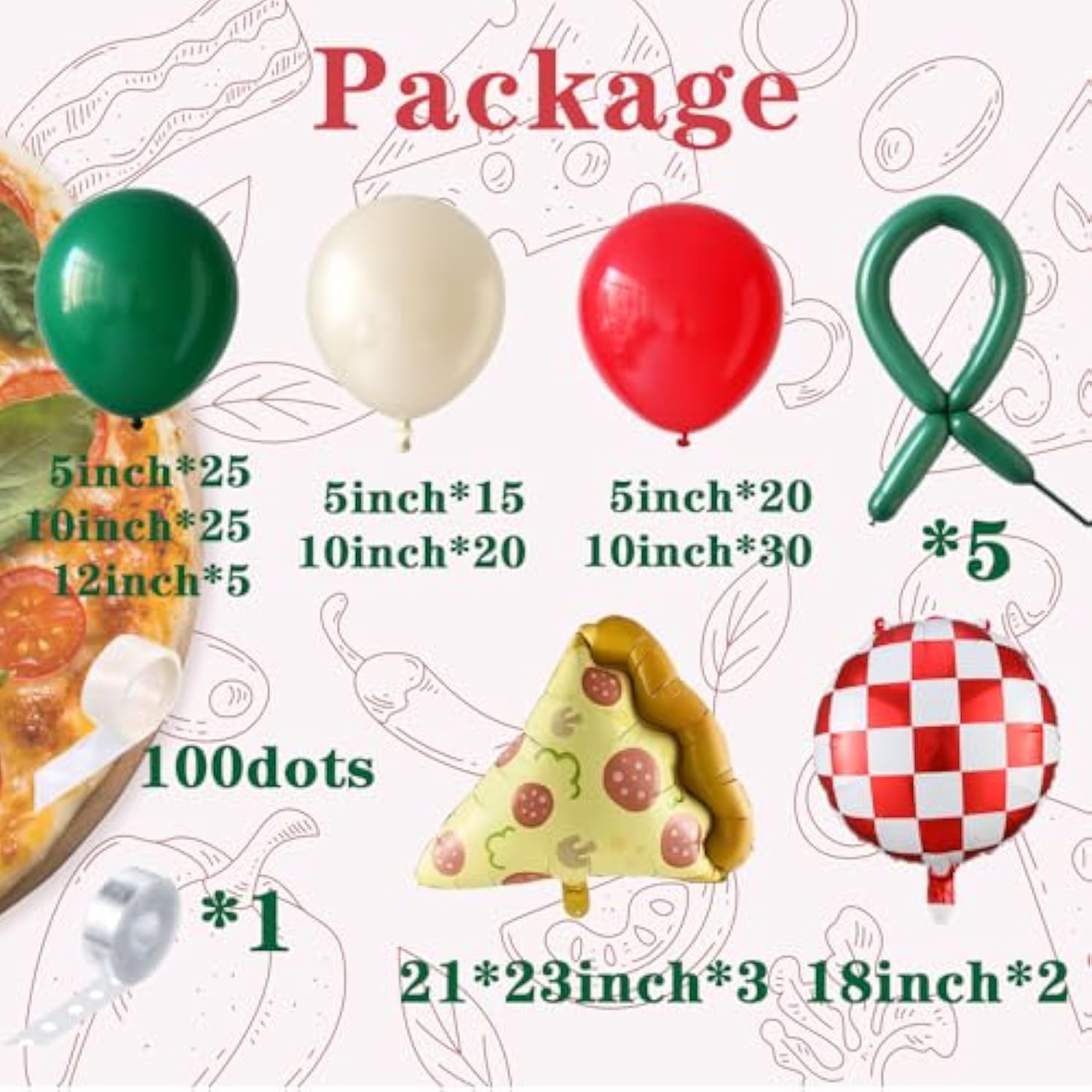 Pizza Party Balloon Arch Kit: Red, Green & Checkered Balloons