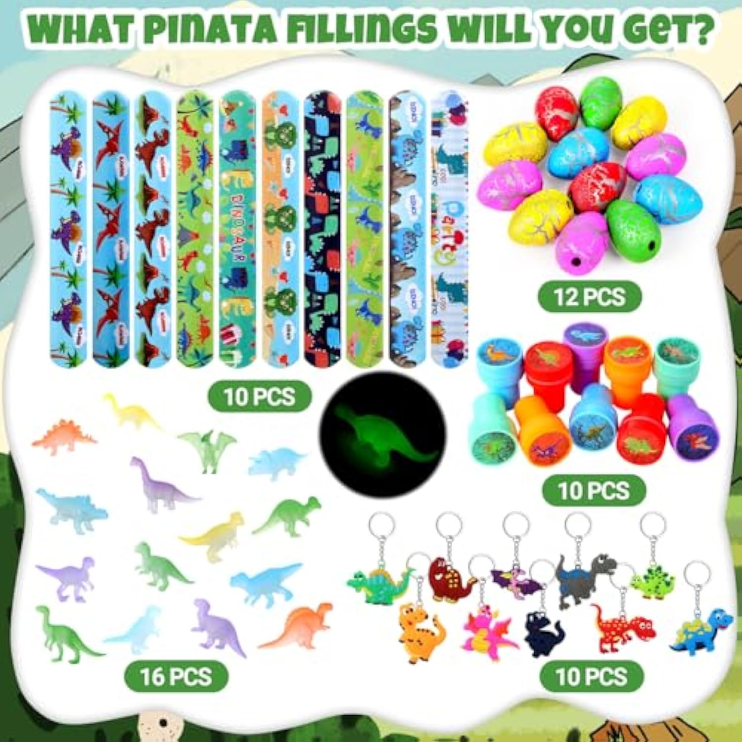 107 Pcs Dinosaur Birthday Party Favors Piñata Set Dino Decoration 16.5 X 11.8 X 3.1 Inch Dinosaur Birthday Piñata With Stick Blindfold For Party Favors(Green,Lovely)