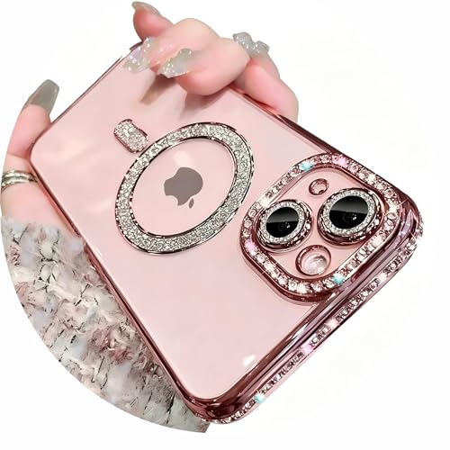 Magnetic Glitter Diamond for iPhone 15 Plus Case[Compatible with MagSafe] Sparkle Rhinestone Camera Lens Protector Plated,Crtstal Clear Slim Military