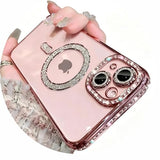 Magnetic Glitter Diamond for iPhone 15 Plus Case[Compatible with MagSafe] Sparkle Rhinestone Camera Lens Protector Plated,Crtstal Clear Slim Military