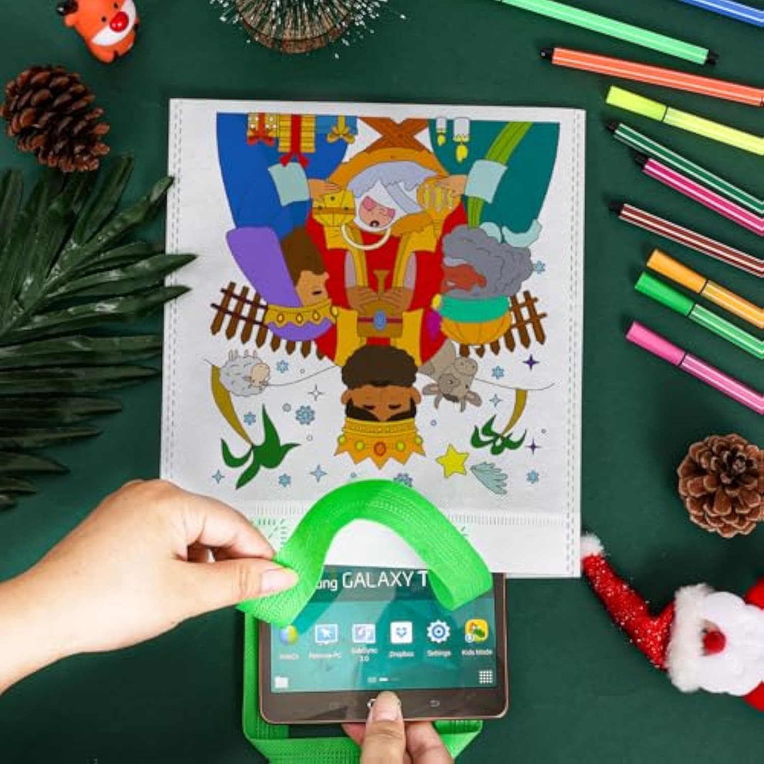 12Pcs Nativity Scene Goodie Bags With Paint Pens For Kids, O Holy Night & Joy To The World Coloring Gift Bags, Religious Christmas Reusable Canvas Bag Favors