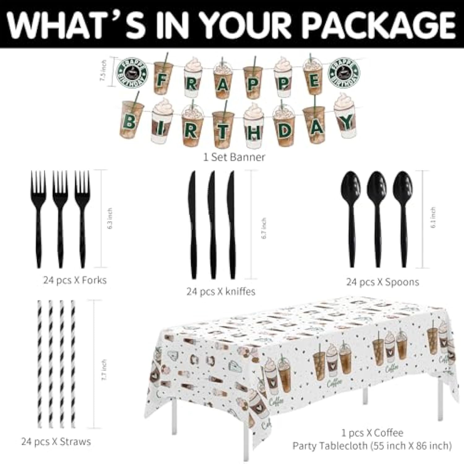 Coffee Party Decorations, Latte Fun Coffee Birthday Party Supplies, Paper Plates And Napkins Table Decorations, Cups, Tablecloth, Frappe Birthday Banner, Disposable Cutlery, Serves 24