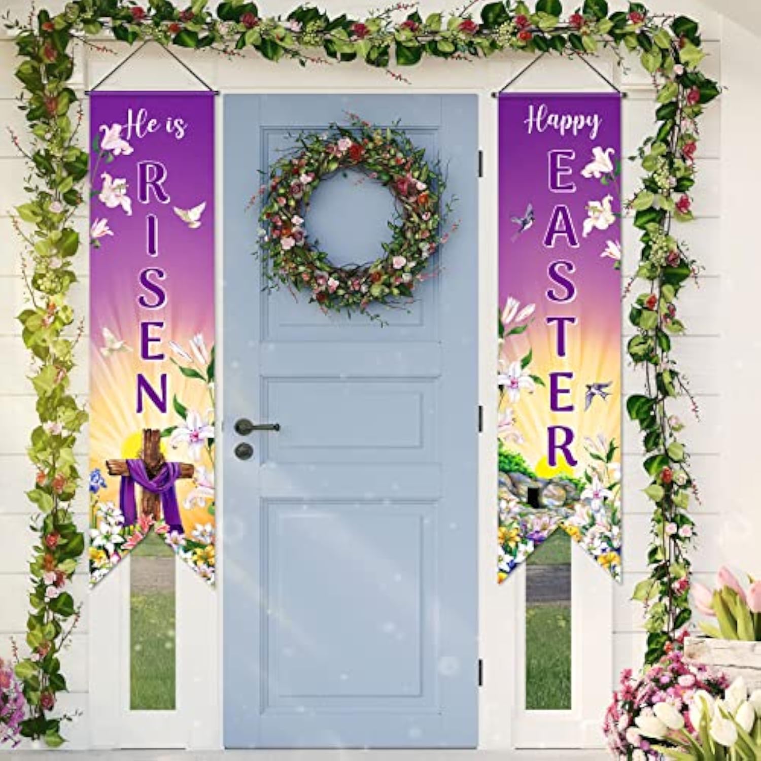 Happy Easter Door Banner He Is Risen Porch Sign Decoration Christian Wall Hanging Banner Jesus Cross Religious Spring Background Photo Prop Backdrop For Home Outdoor Indoor Party Supplies