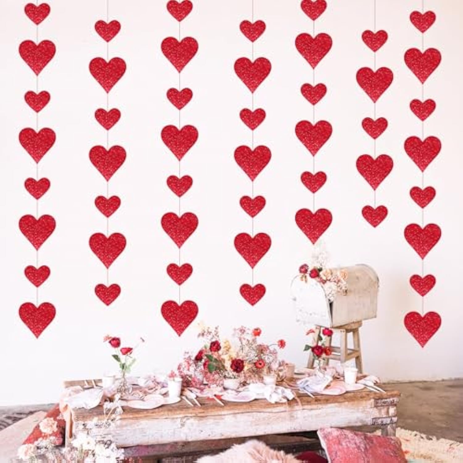 4 Pack Glitter Heart Garland Valentines Day Decorations Paper Hearts Streamers Hanging Hearts Decorations For Valentines Galentines Day Birthday Bridal Shower Wedding Engagement Anniversary (Red)