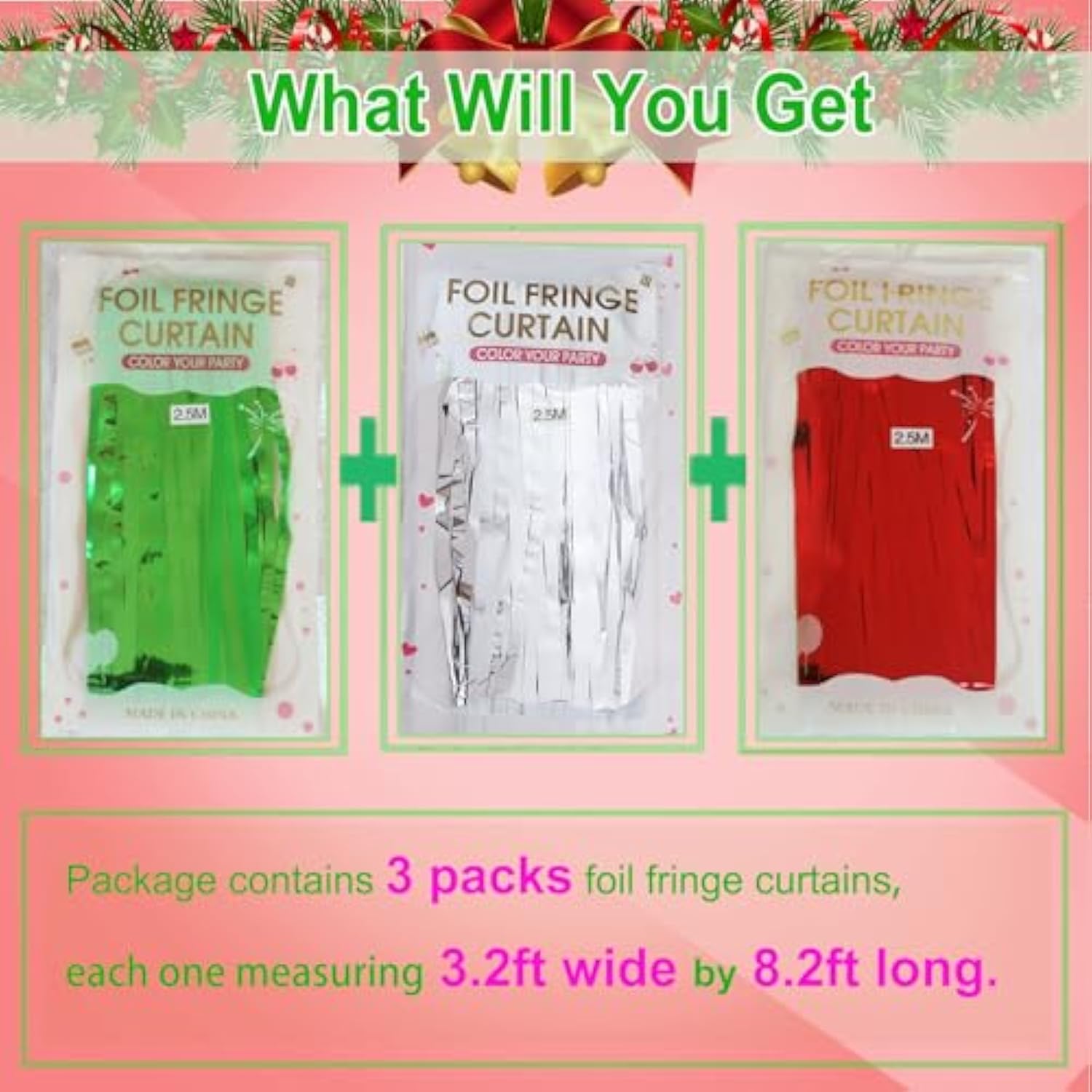 Christmas Foil Fringe Curtain 3 Pack Red Silver Green 3.2x8.2ft Backdrop