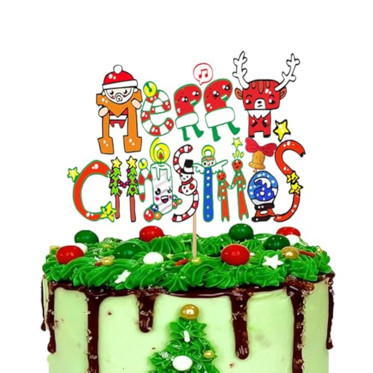Christmas Cake Topper with Red Glitter Tree, Deer, and Santa Hat Decorations